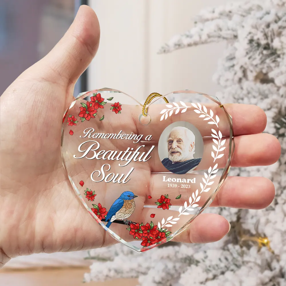 Custom Photo Remembering A Beautiful Soul - Personalized Heart Shaped Glass Ornament - Image 3