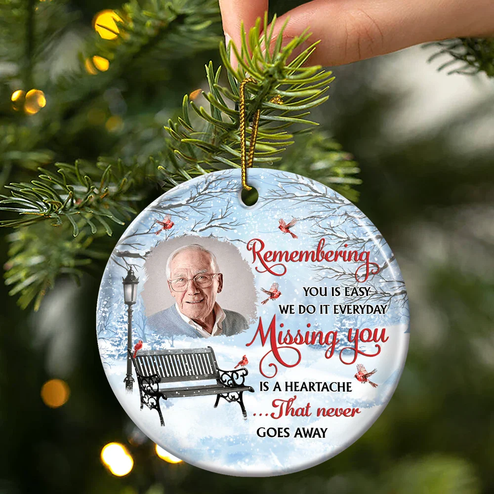 Custom Photo Remembering You Is Easy Memorial - Personalized Circle Ceramic Ornament - Image 3