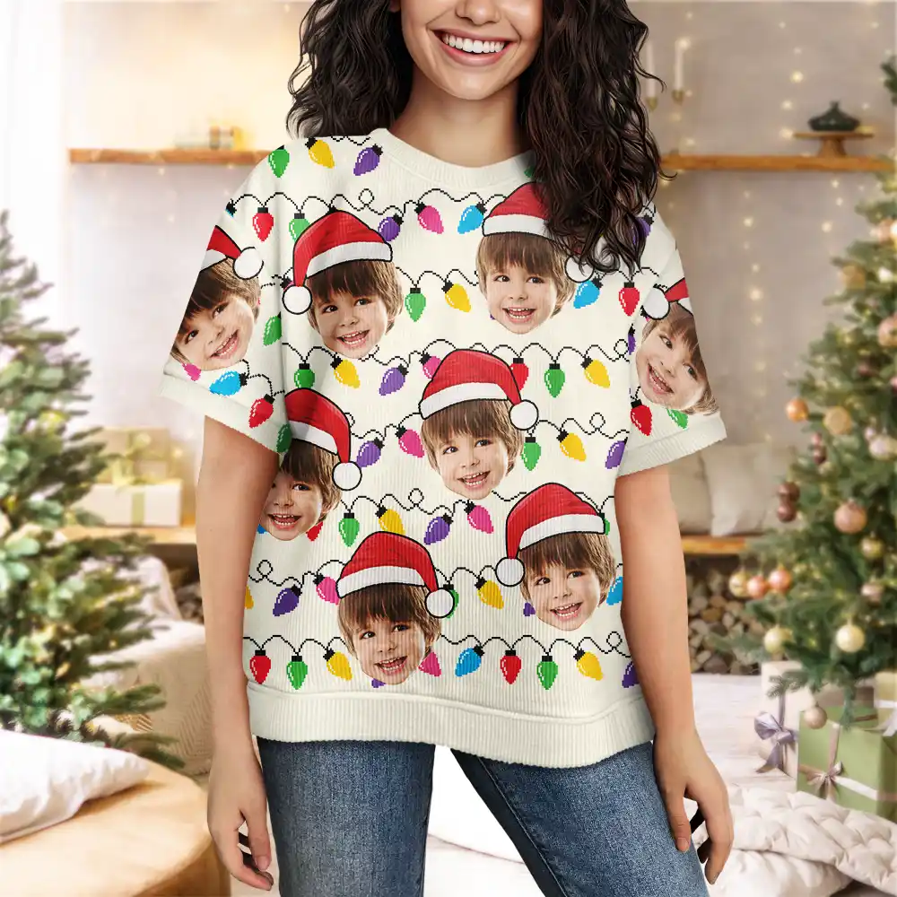 Custom Photo Santa Hat Funny Family Face - Personalized Short Sleeve Sweater - Image 5