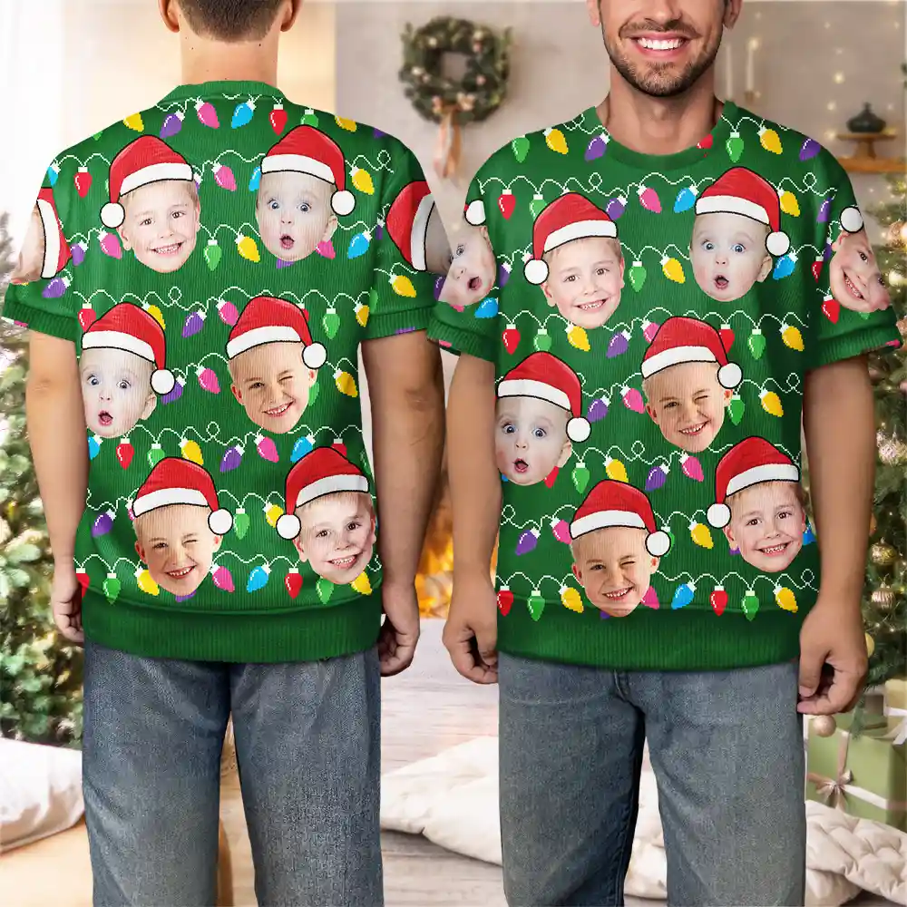 Custom Photo Santa Hat Funny Family Face - Personalized Short Sleeve Sweater - Image 6