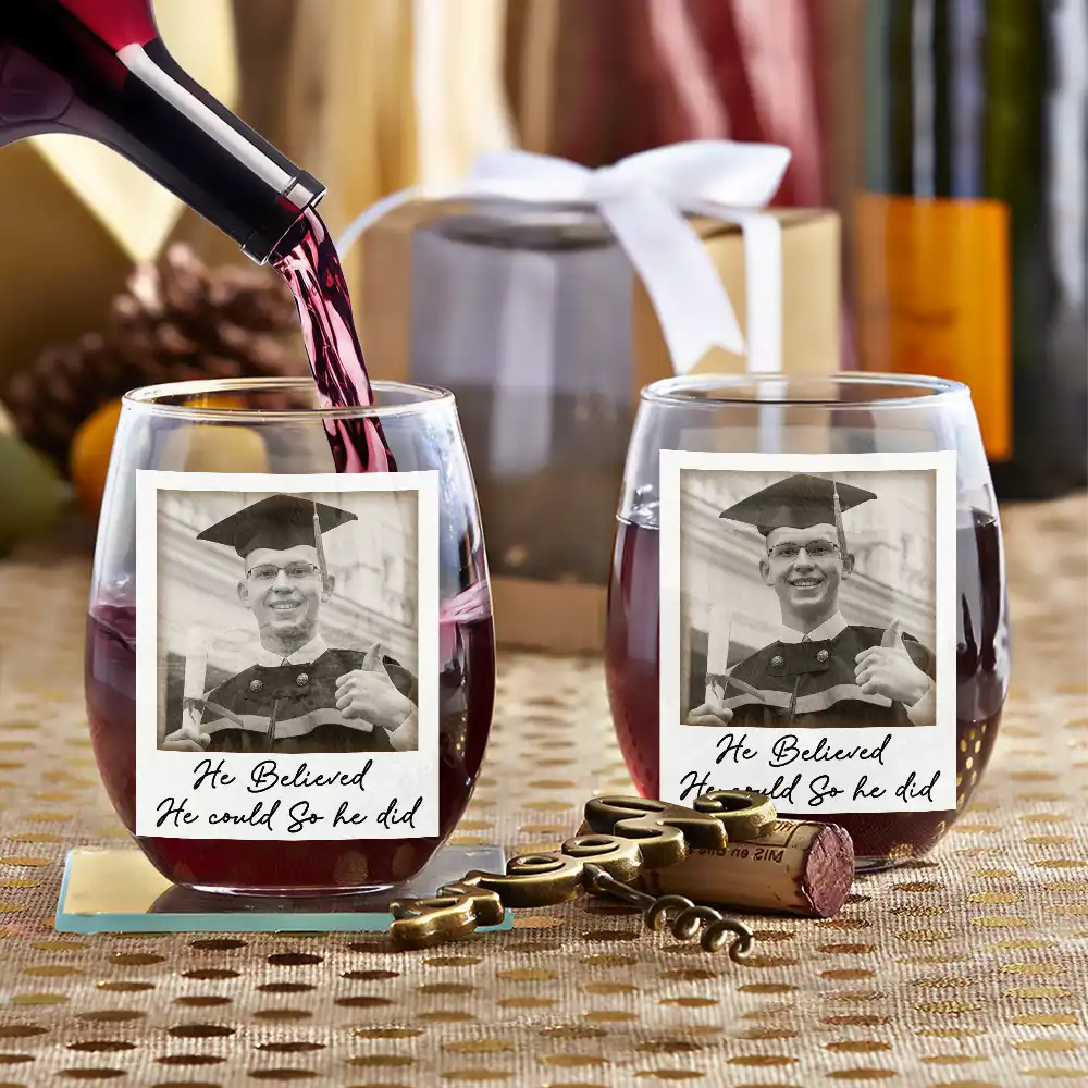 Custom Photo She Believed She Could So She Did - Personalized Stemless Wine Glass - Image 3