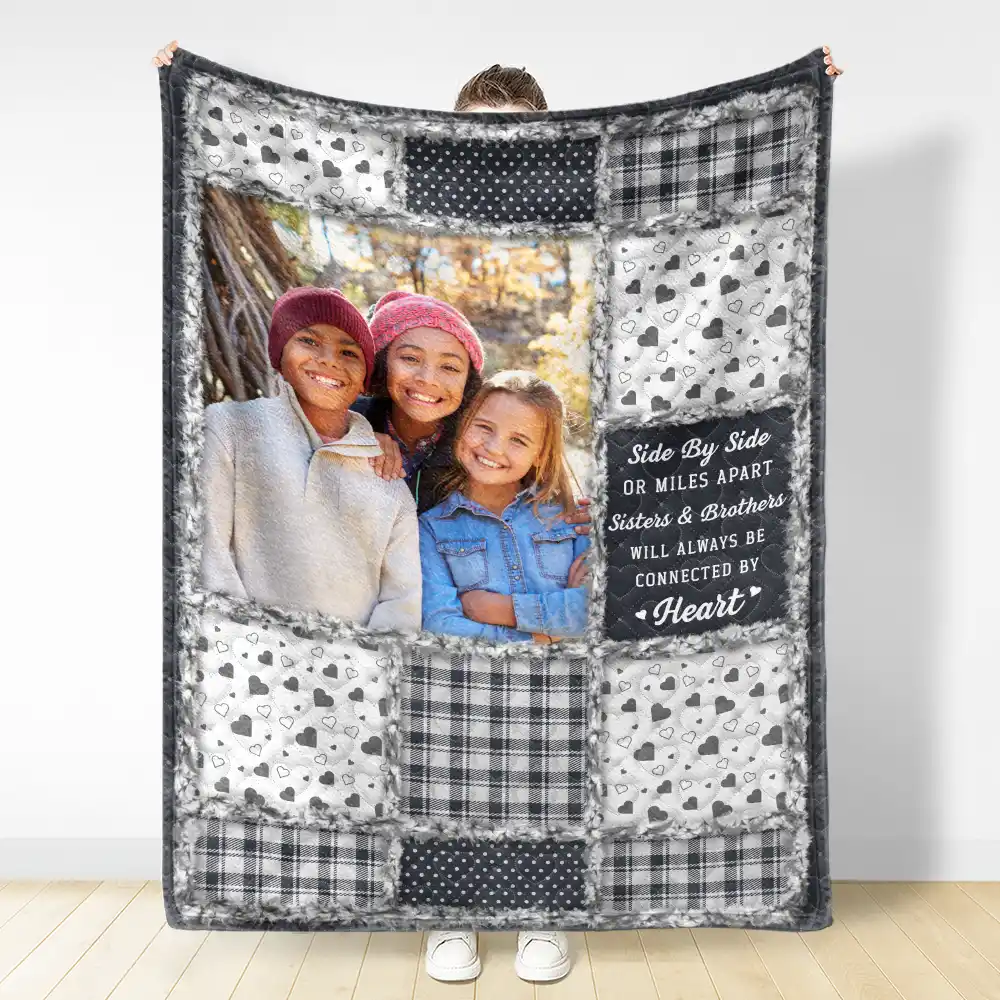 Custom Photo Sisters Brothers Will Always Be Connected By Heart - Personalized Fleece Blanket, Sherpa Blanket - Image 3