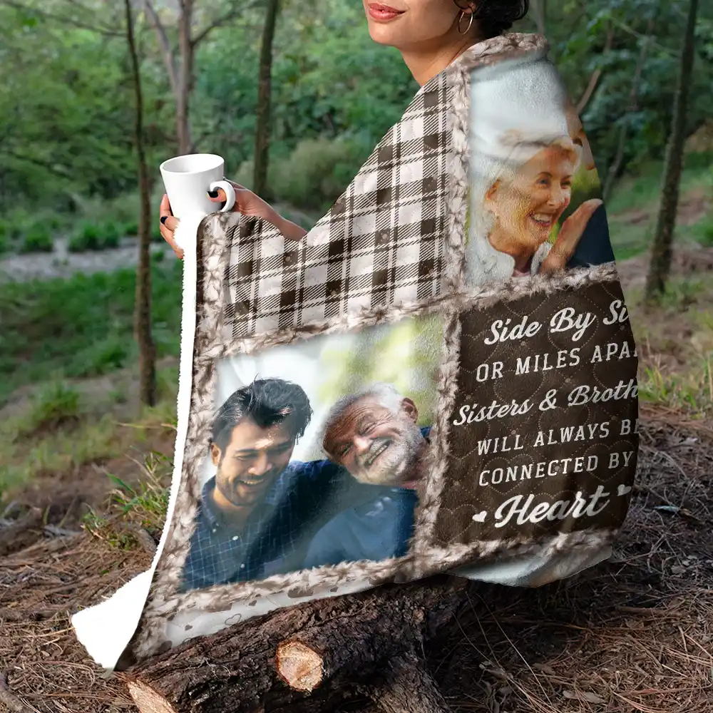 Custom Photo Sisters Brothers Will Always Be Connected By Heart - Personalized Fleece Blanket, Sherpa Blanket - Image 5