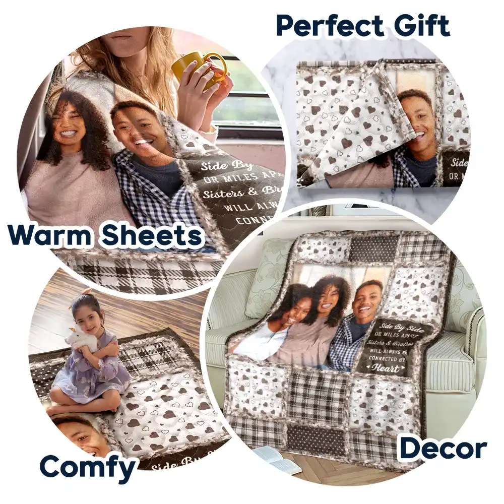 Custom Photo Sisters Brothers Will Always Be Connected By Heart - Personalized Fleece Blanket, Sherpa Blanket - Image 7