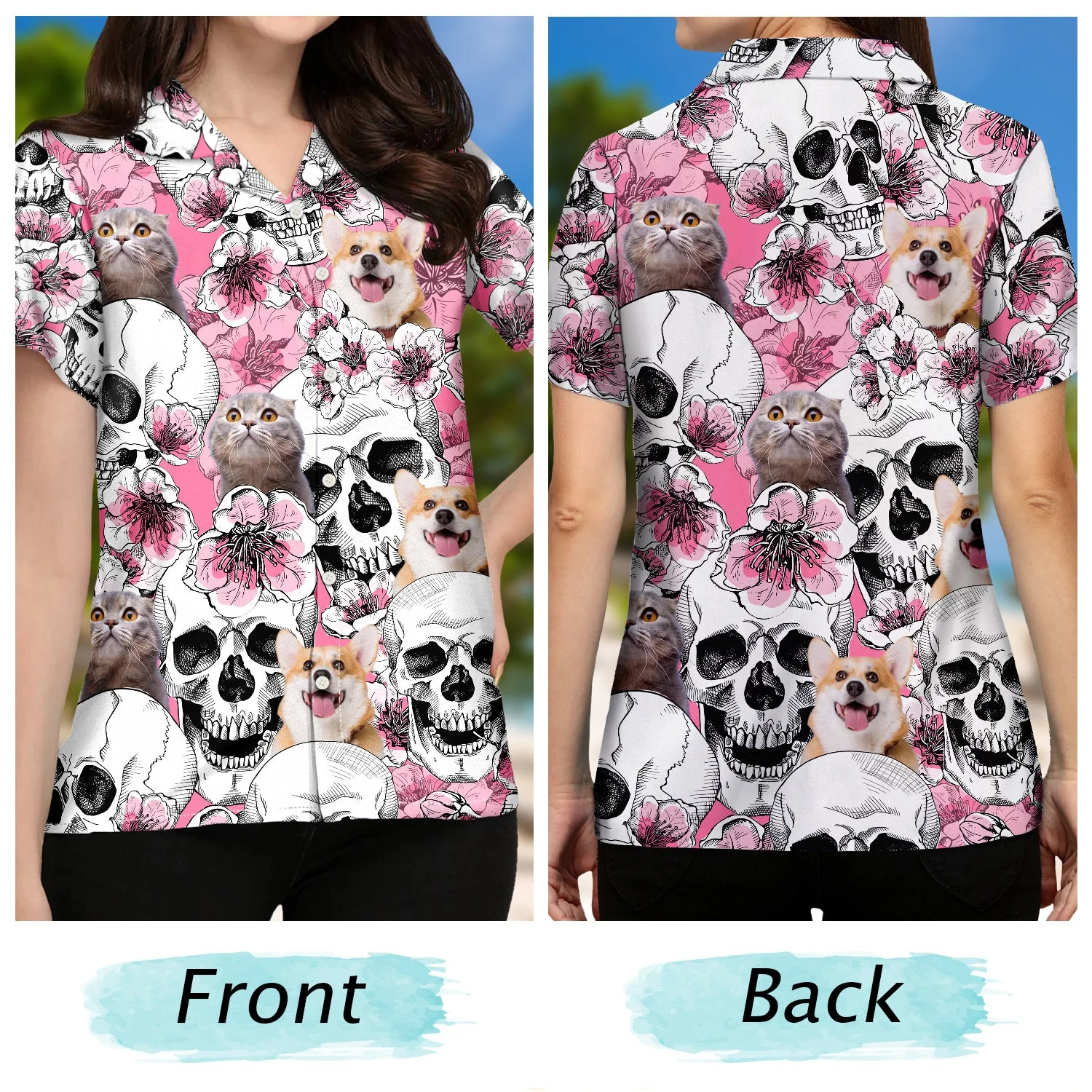 Custom Photo Skull Family Pet Face Tropical Leaf - Gift For Men, Dog And Cat Lovers - Personalized Custom Hawaiian Shirt - Image 3