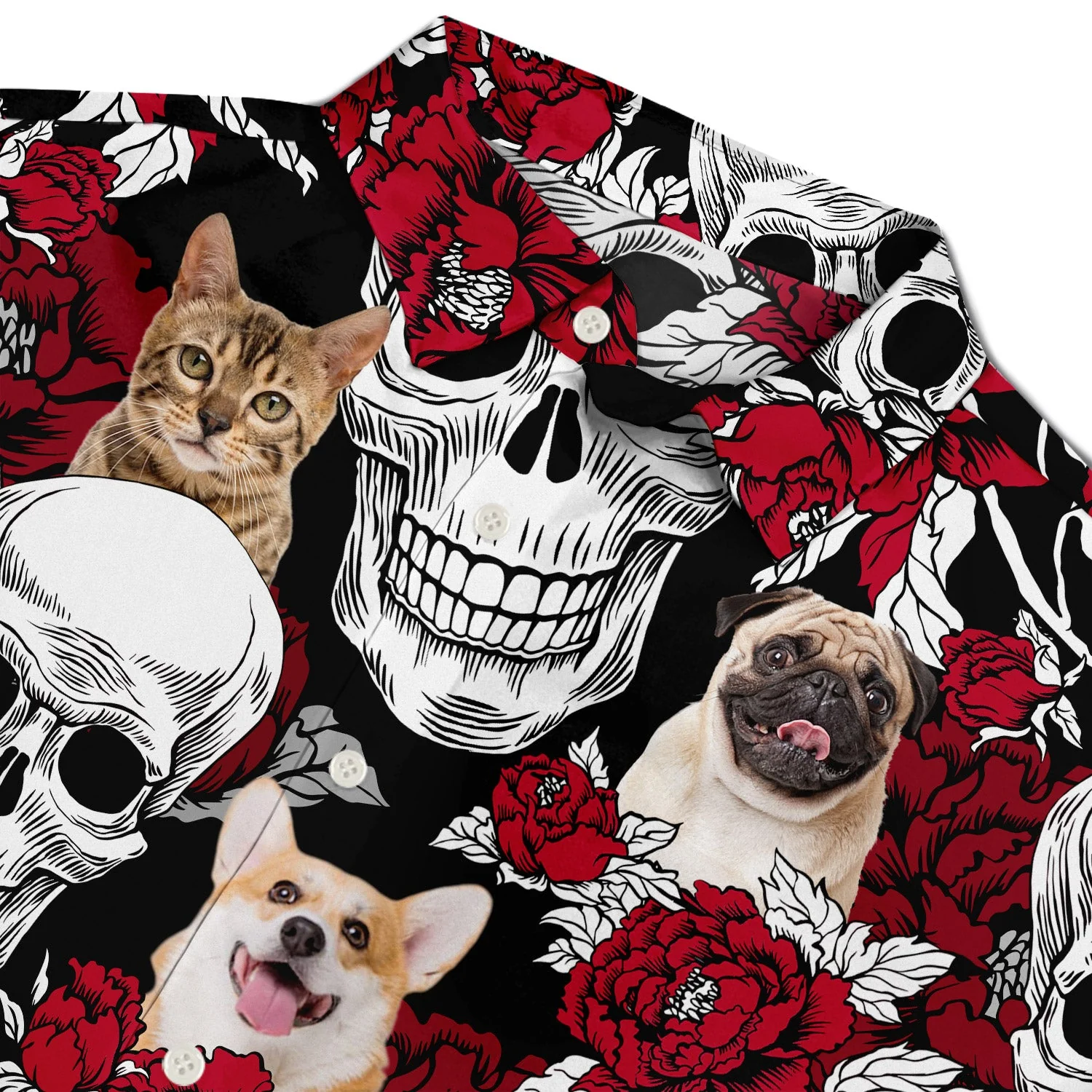 Custom Photo Skull Family Pet Face Tropical Leaf - Gift For Men, Dog And Cat Lovers - Personalized Custom Hawaiian Shirt - Image 4