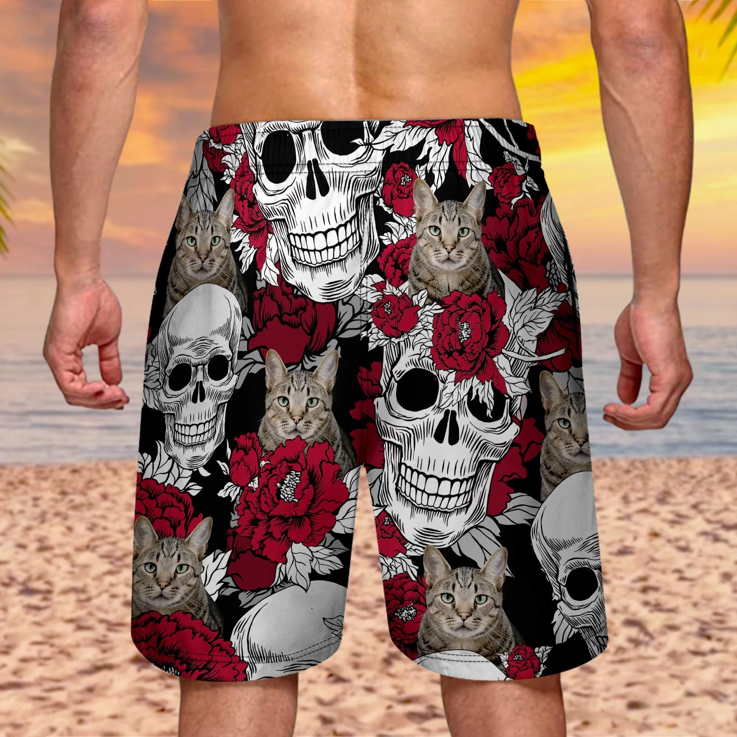 Custom Photo Skull Family Pet Face Tropical Leaf - Gift For Men, Dog And Cat Lovers - Personalized Custom Unisex Beach Shorts - Image 5