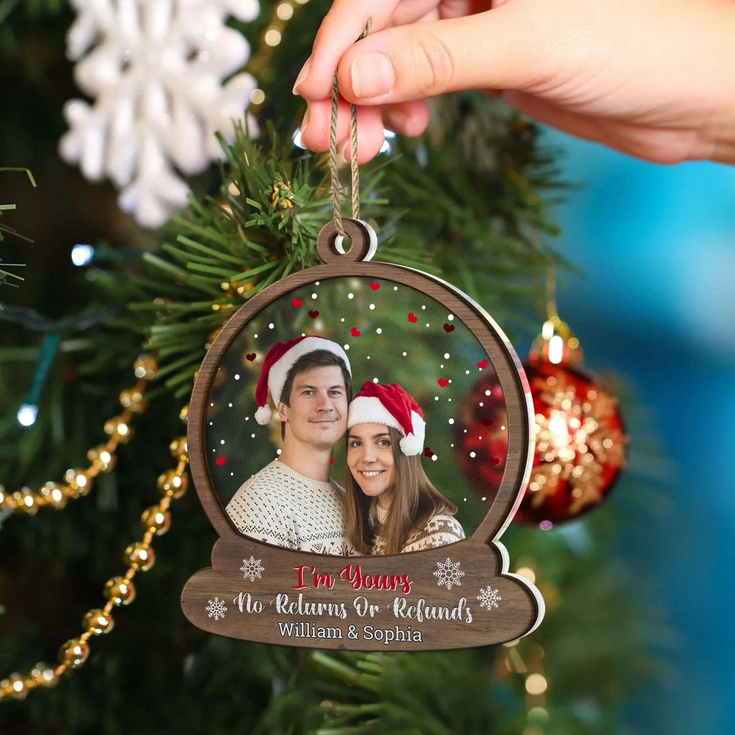 Custom Photo Snow Globe No Returns Or Refunds - Christmas Gift For Couples - Personalized 2-Layered Mix Ornament - Image 4
