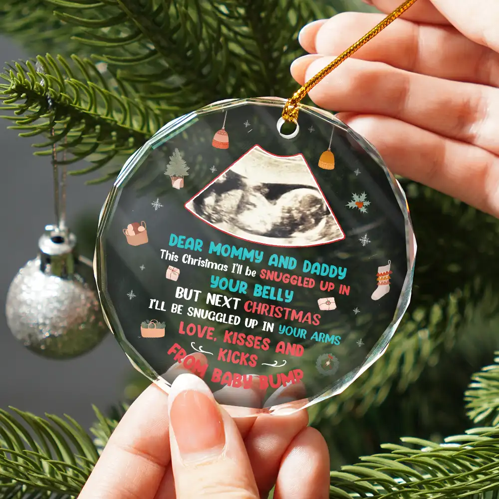 Custom Photo Snuggle Up In Mommy's Belly Christmas - Personalized Circle Glass Ornament - Image 2