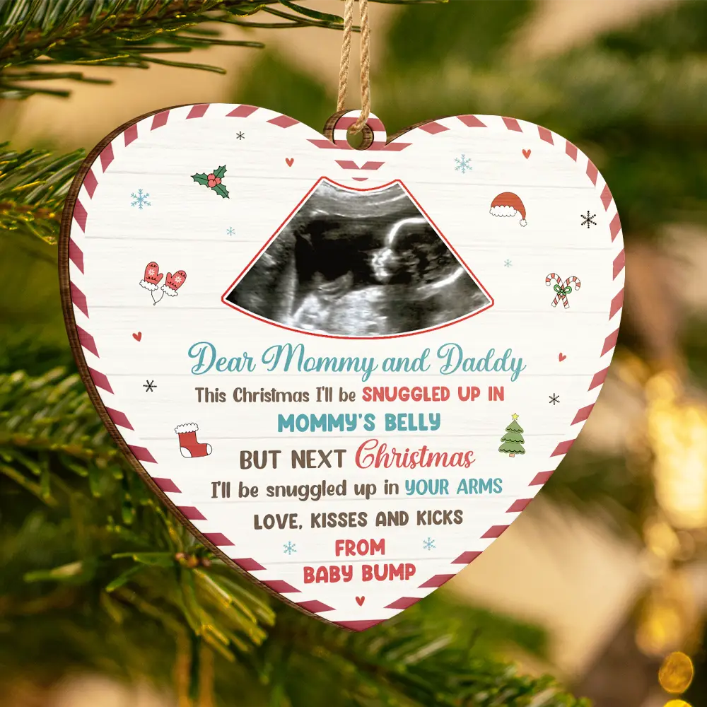 Custom Photo Snuggle Up In Mommy's Belly Christmas - Personalized Custom Shaped Wooden Ornament - Image 3