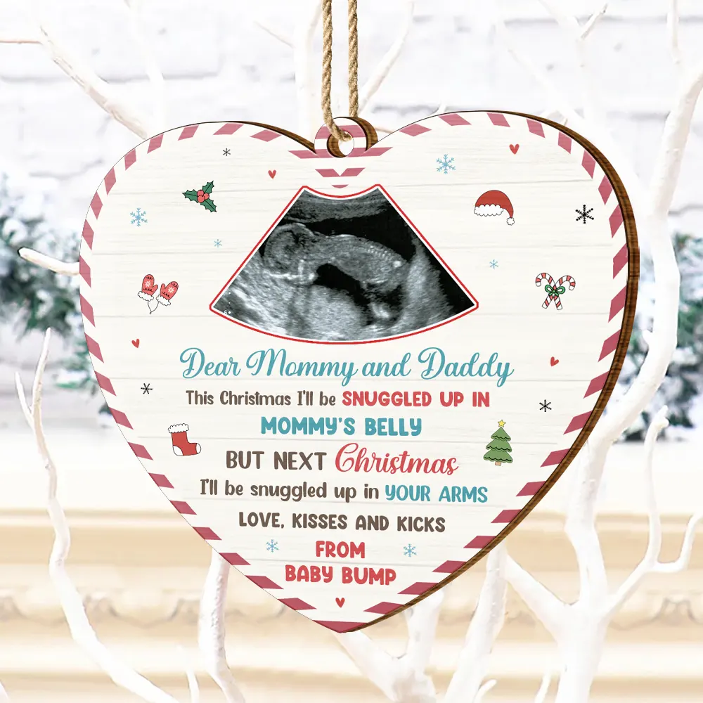 Custom Photo Snuggle Up In Mommy's Belly Christmas - Personalized Custom Shaped Wooden Ornament - Image 4