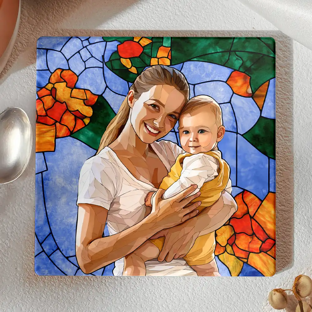 Custom Photo Stained Glass Portrait Mom Grandma Parents Family - Personalized Ceramic Coaster - Image 4