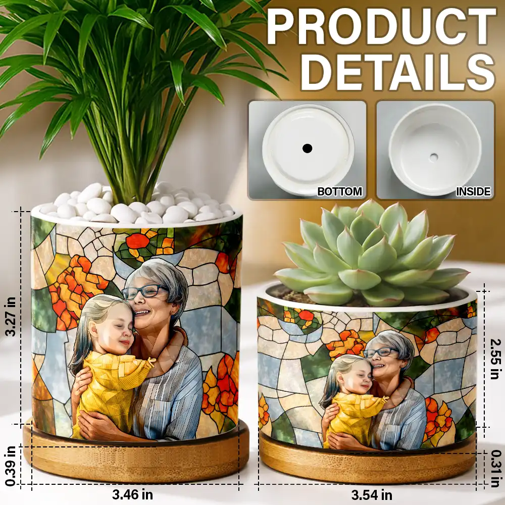Custom Photo Stained Glass Portrait Mom Grandma Parents Family - Personalized Ceramic Plant Pot - Image 6