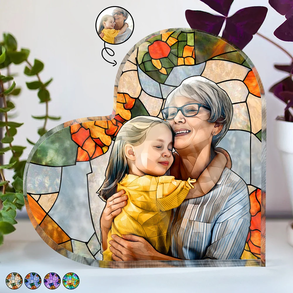 Custom Photo Stained Glass Portrait Mom Grandma Parents Family - Personalized Heart Shaped Acrylic Plaque