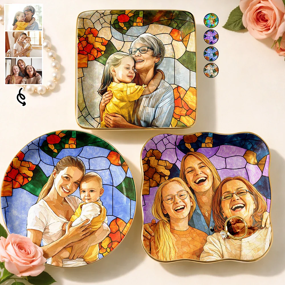 Custom Photo Stained Glass Portrait Mom Grandma Parents Family - Personalized Ring Dish