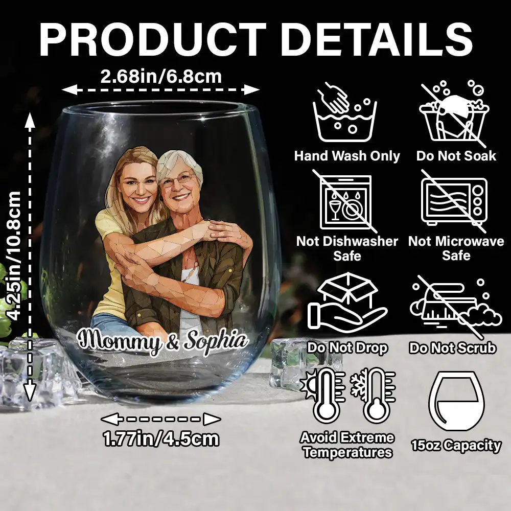 Custom Photo Stained Glass Portrait Mom Grandma Parents Family - Personalized Stemless Wine Glass - Image 6
