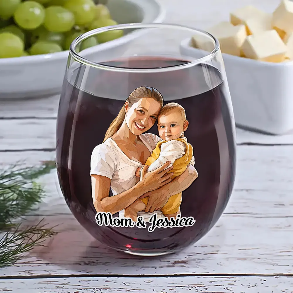 Custom Photo Stained Glass Portrait Mom Grandma Parents Family - Personalized Stemless Wine Glass - Image 7