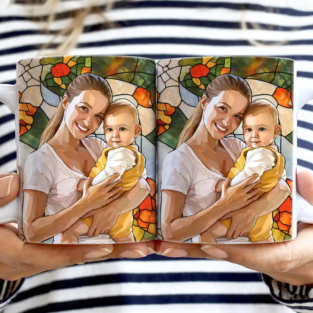 Custom Photo Stained Glass Portrait Mom Grandma Parents Family - Personalized White Edge-to-Edge Mug - Image 3
