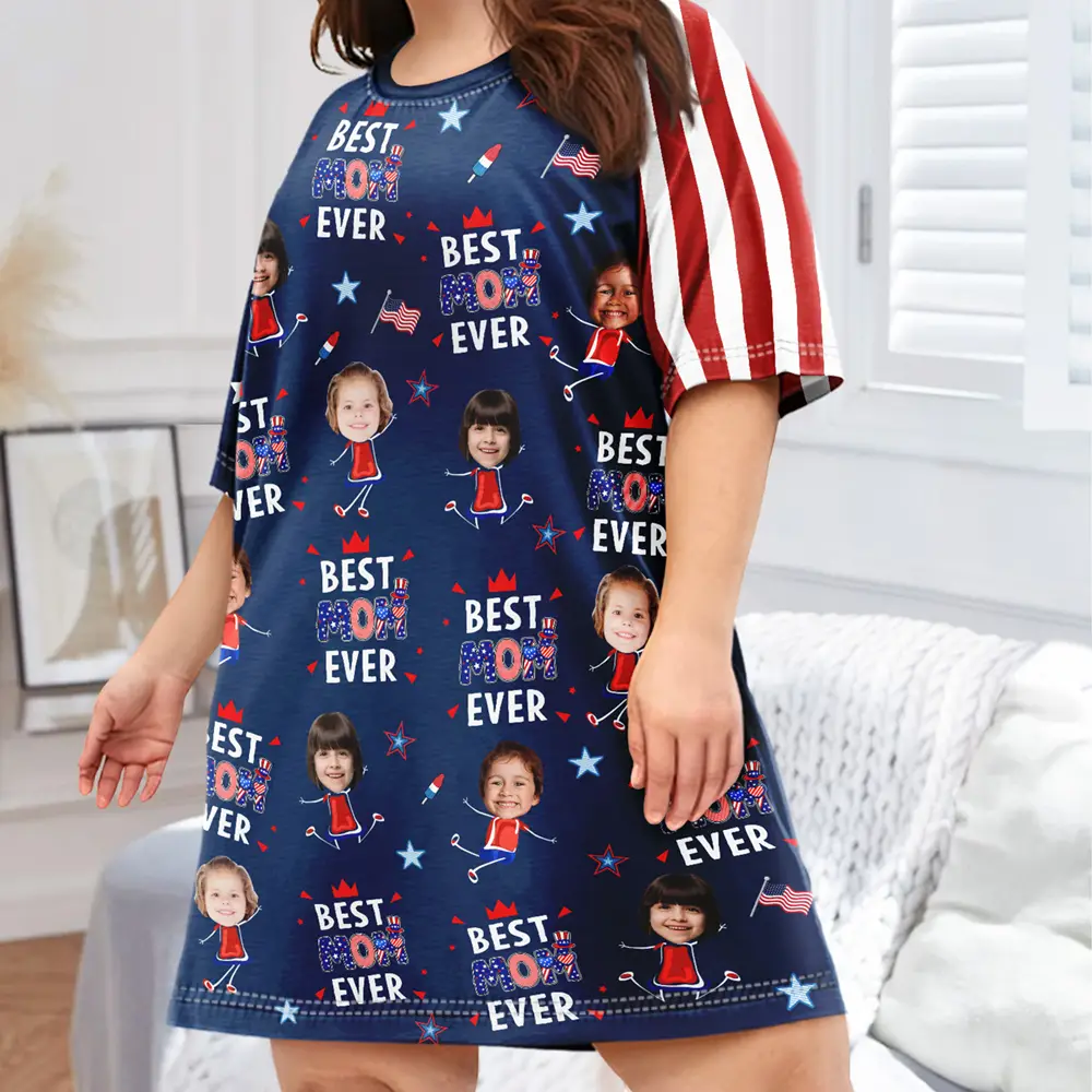 Custom Photo Stars & Stripes Best Mom Grandma Ever - Personalized Women's Sleep Tee - Image 4