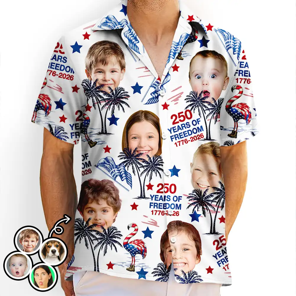 Custom Photo Stars & Stripes Family Pets Kids Tropical Flamingo - Personalized Hawaiian Shirt