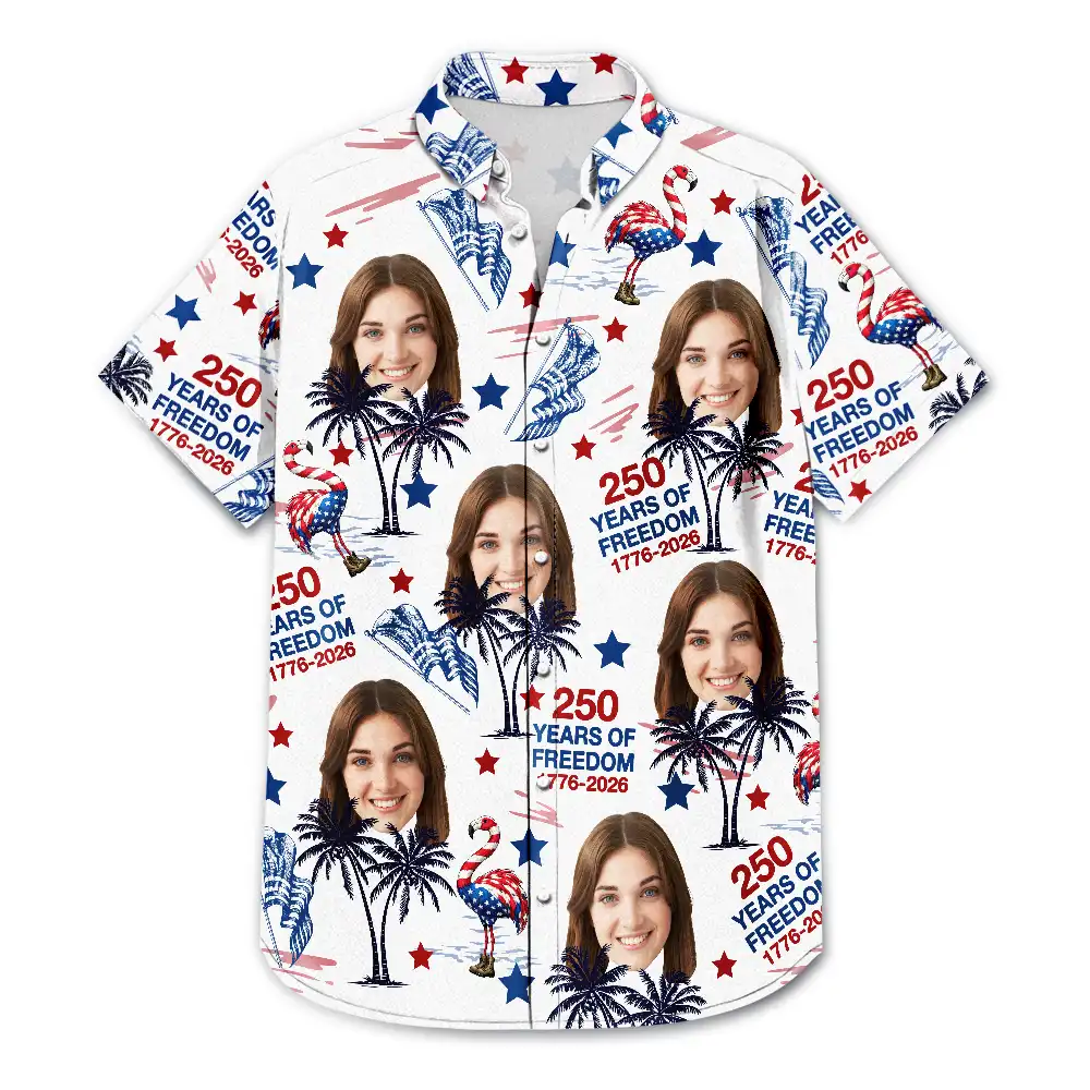 Custom Photo Stars & Stripes Family Pets Kids Tropical Flamingo - Personalized Hawaiian Shirt - Image 4