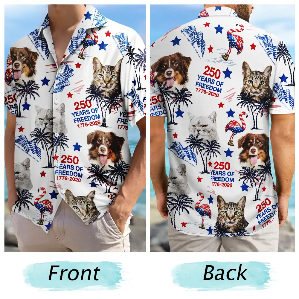Custom Photo Stars & Stripes Family Pets Kids Tropical Flamingo - Personalized Hawaiian Shirt - Image 6