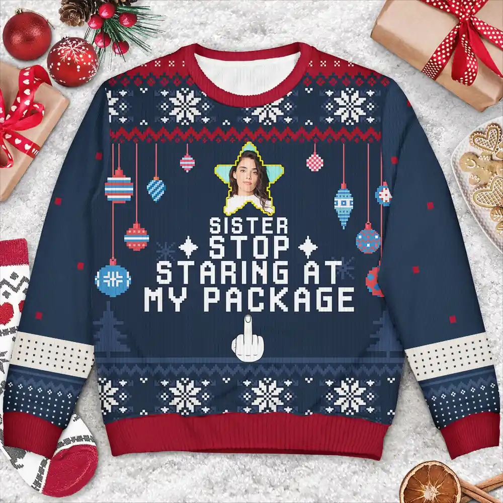 Custom Photo Stop Staring At My Package - Personalized Unisex Ugly Sweater - Image 3