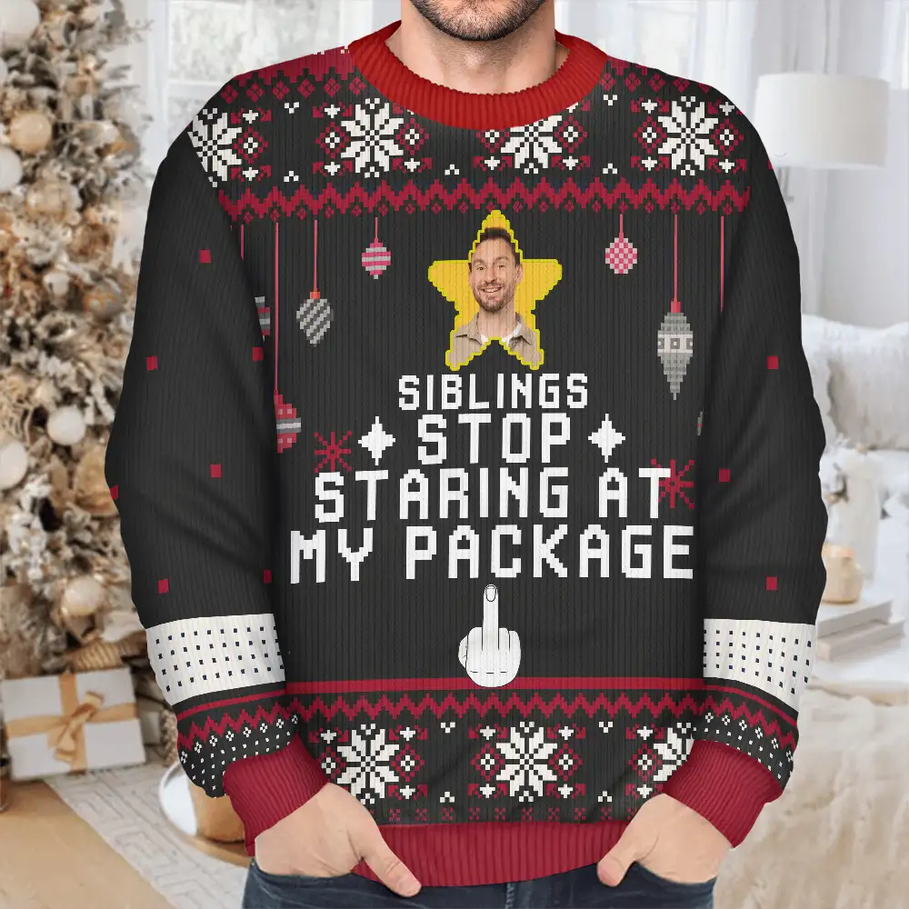 Custom Photo Stop Staring At My Package - Personalized Unisex Ugly Sweater - Image 4