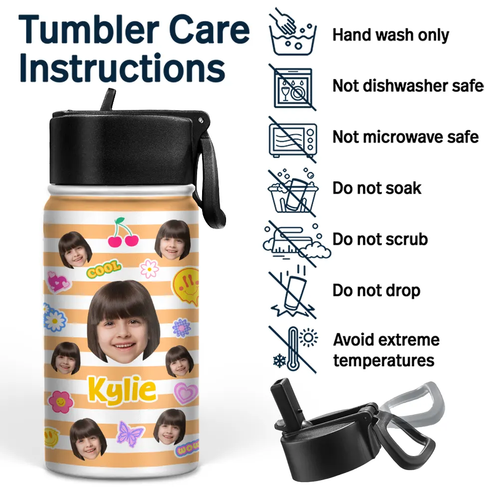 Custom Photo Stripes And Adorable Pattern - Personalized Kids Water Bottle - Image 6