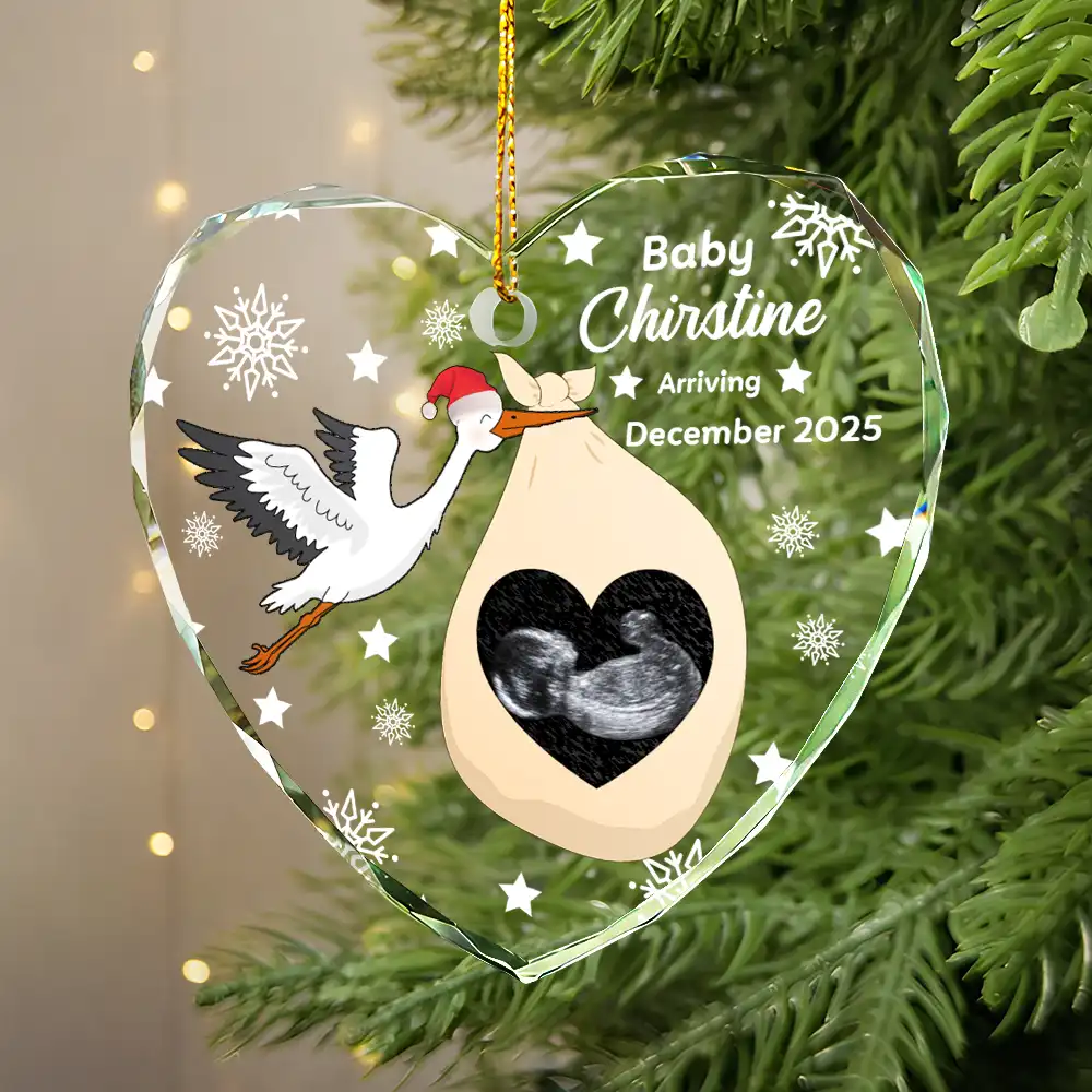 Custom Photo Sweet Baby Arriving Stork Pregnancy Announcement - Personalized Heart Shaped Glass Ornament - Image 2