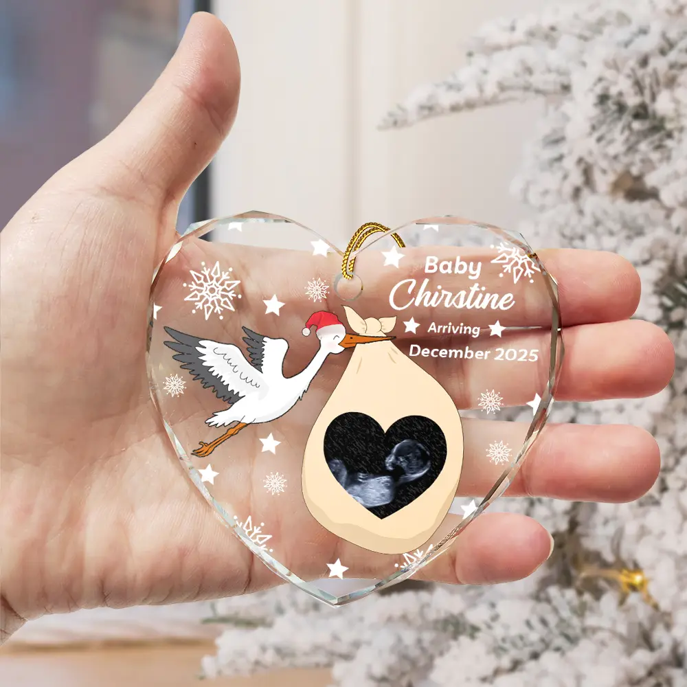 Custom Photo Sweet Baby Arriving Stork Pregnancy Announcement - Personalized Heart Shaped Glass Ornament - Image 3