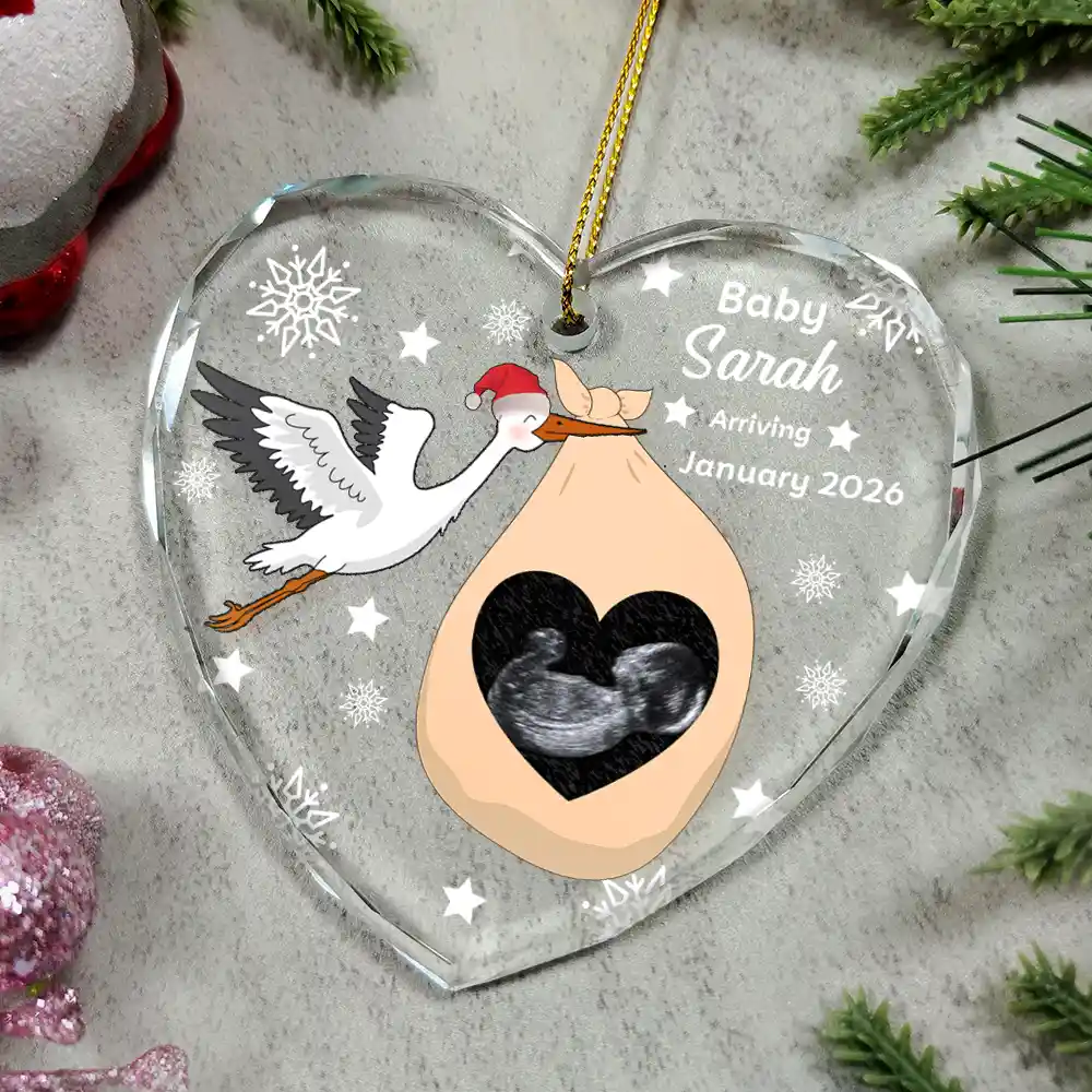Custom Photo Sweet Baby Arriving Stork Pregnancy Announcement - Personalized Heart Shaped Glass Ornament - Image 4