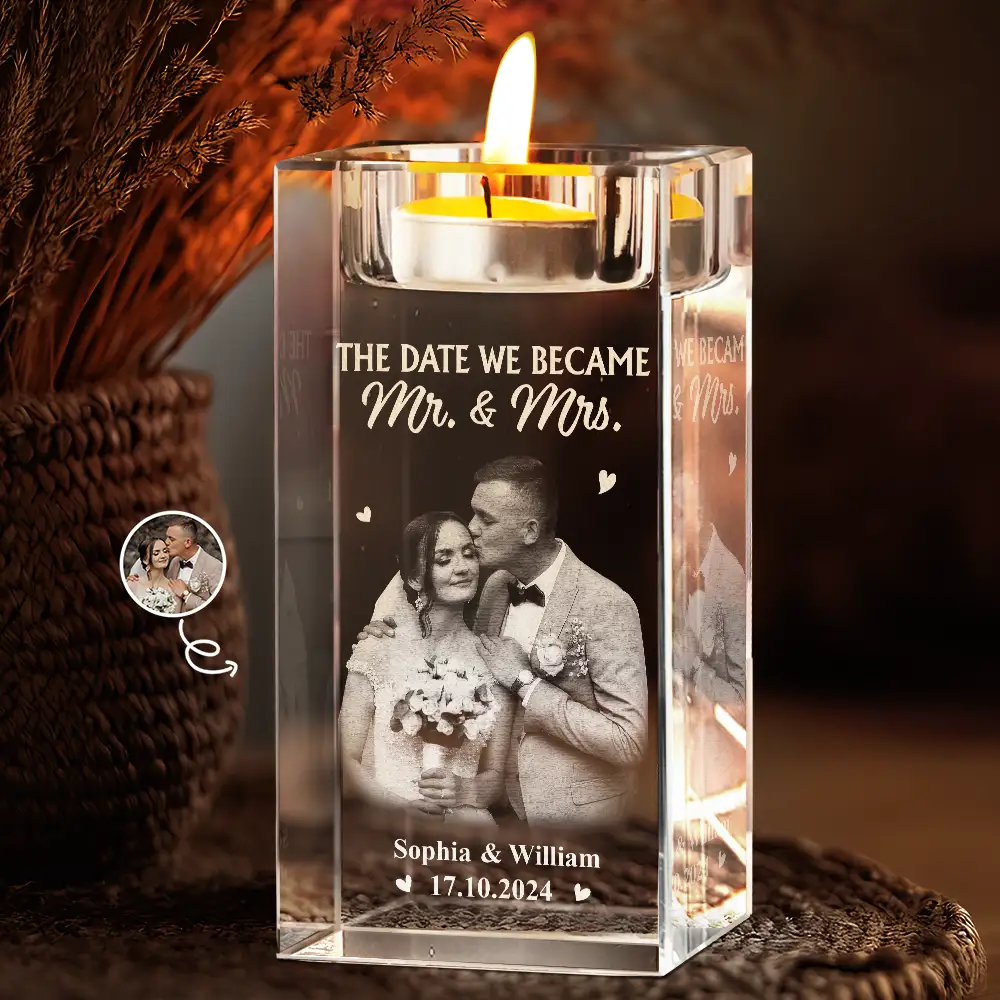 Custom Photo The Date We Became Mr. & Mrs. - Personalized Crystal Candle Holder