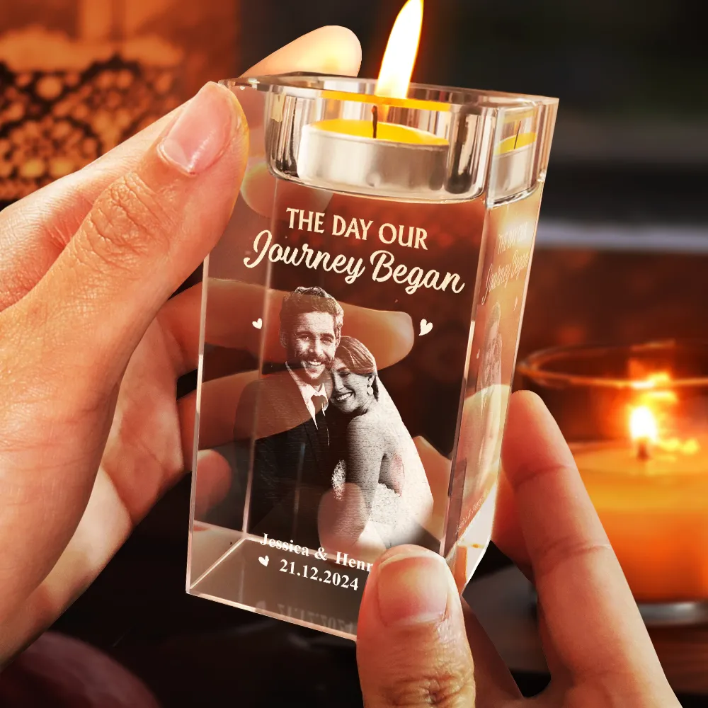 Custom Photo The Date We Became Mr. & Mrs. - Personalized Crystal Candle Holder - Image 5