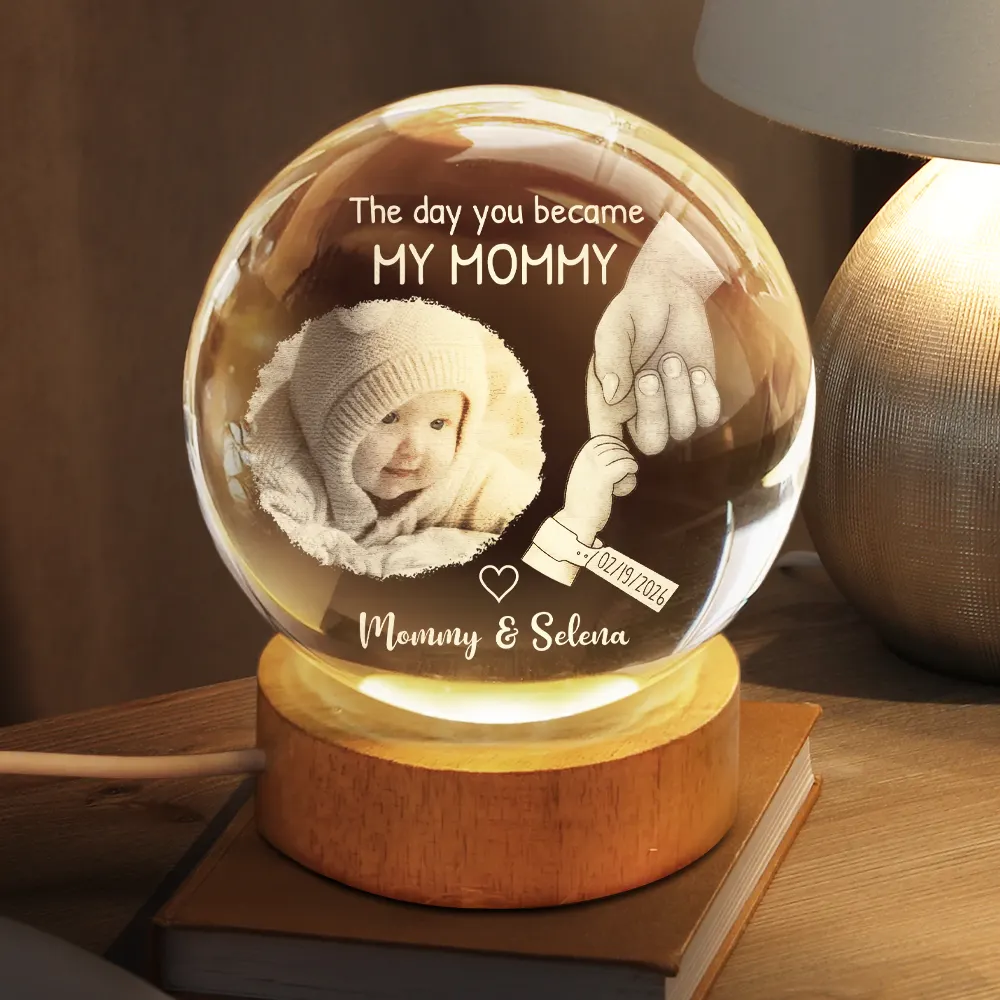 Custom Photo The Day You Became My Mom Dad Holding Hands - Personalized Crystal Globe Lamp - Image 2