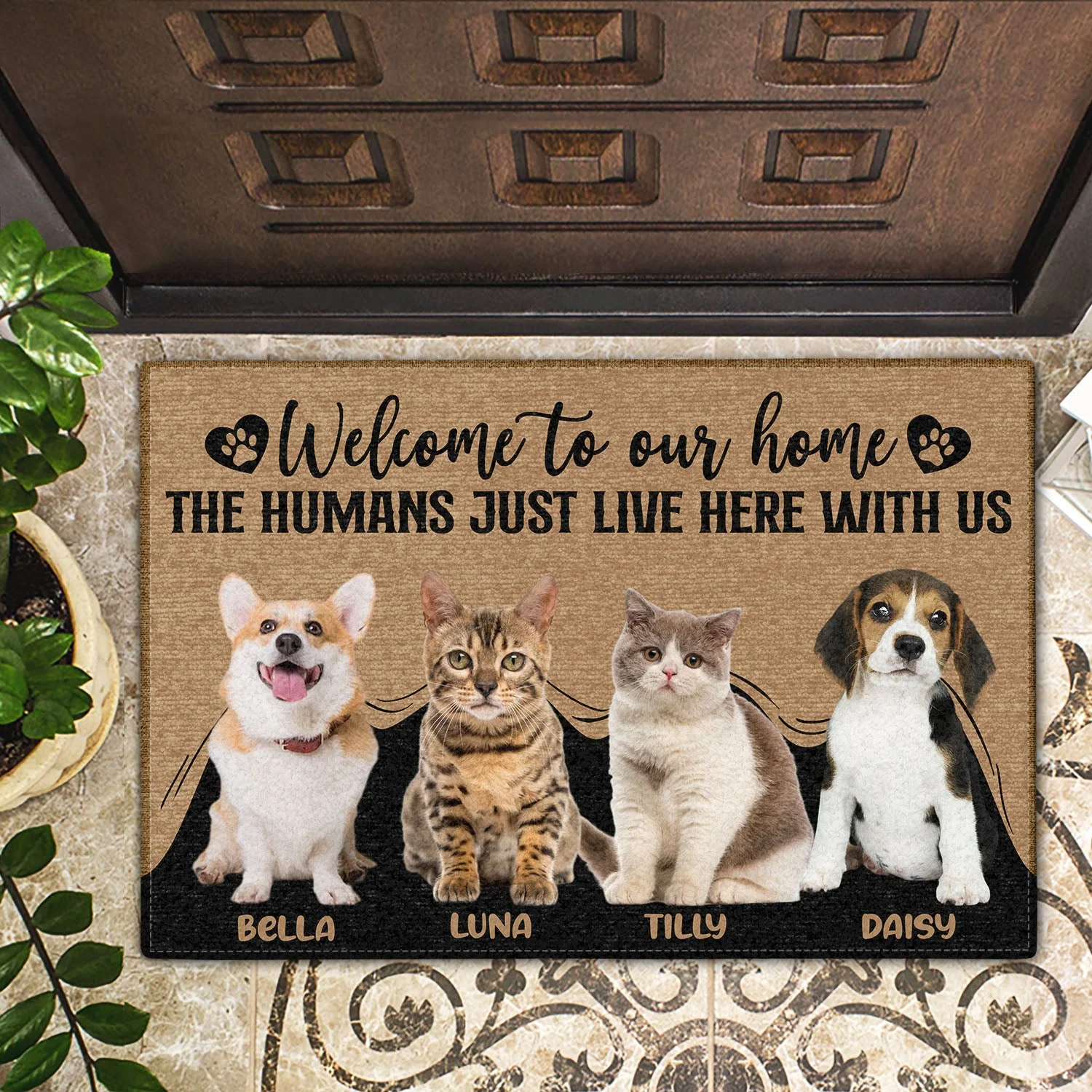Custom Photo The Humans Just Live Here With Us - Gift For Dog Lovers And Cat Lovers - Personalized Custom Doormat - Image 2