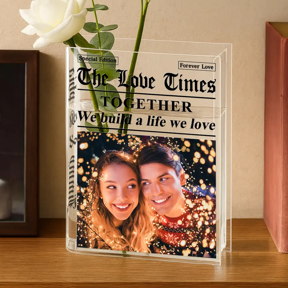 Custom Photo The Love Times Newspaper Theme - Personalized Acrylic Book Vase - Image 4