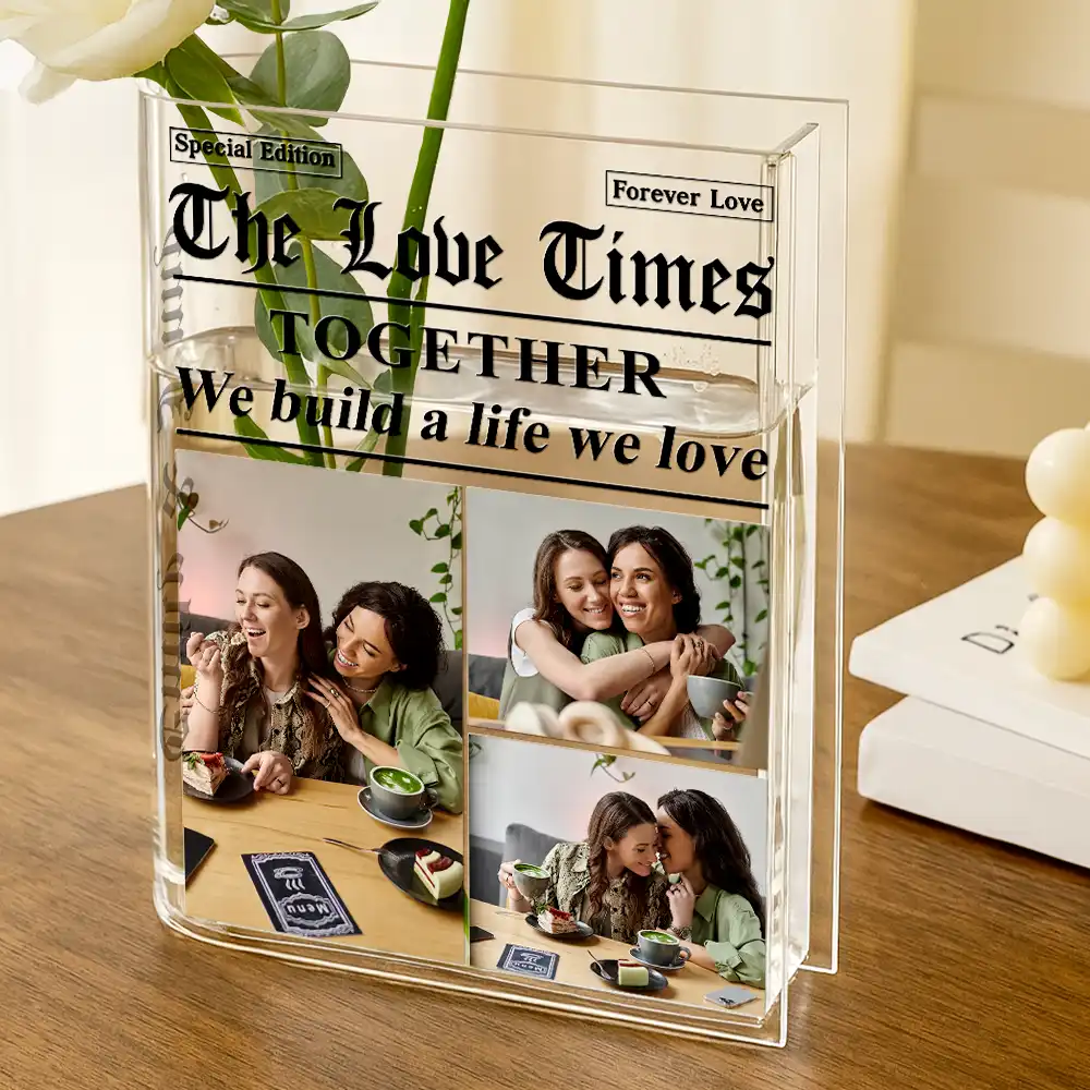 Custom Photo The Love Times Newspaper Theme - Personalized Acrylic Book Vase - Image 6
