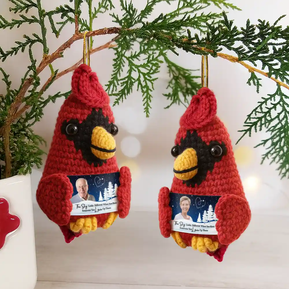 Custom Photo The Sky Looks Different Memorial - Personalized Crochet Cardinal Bird Hanging Decoration - Image 5