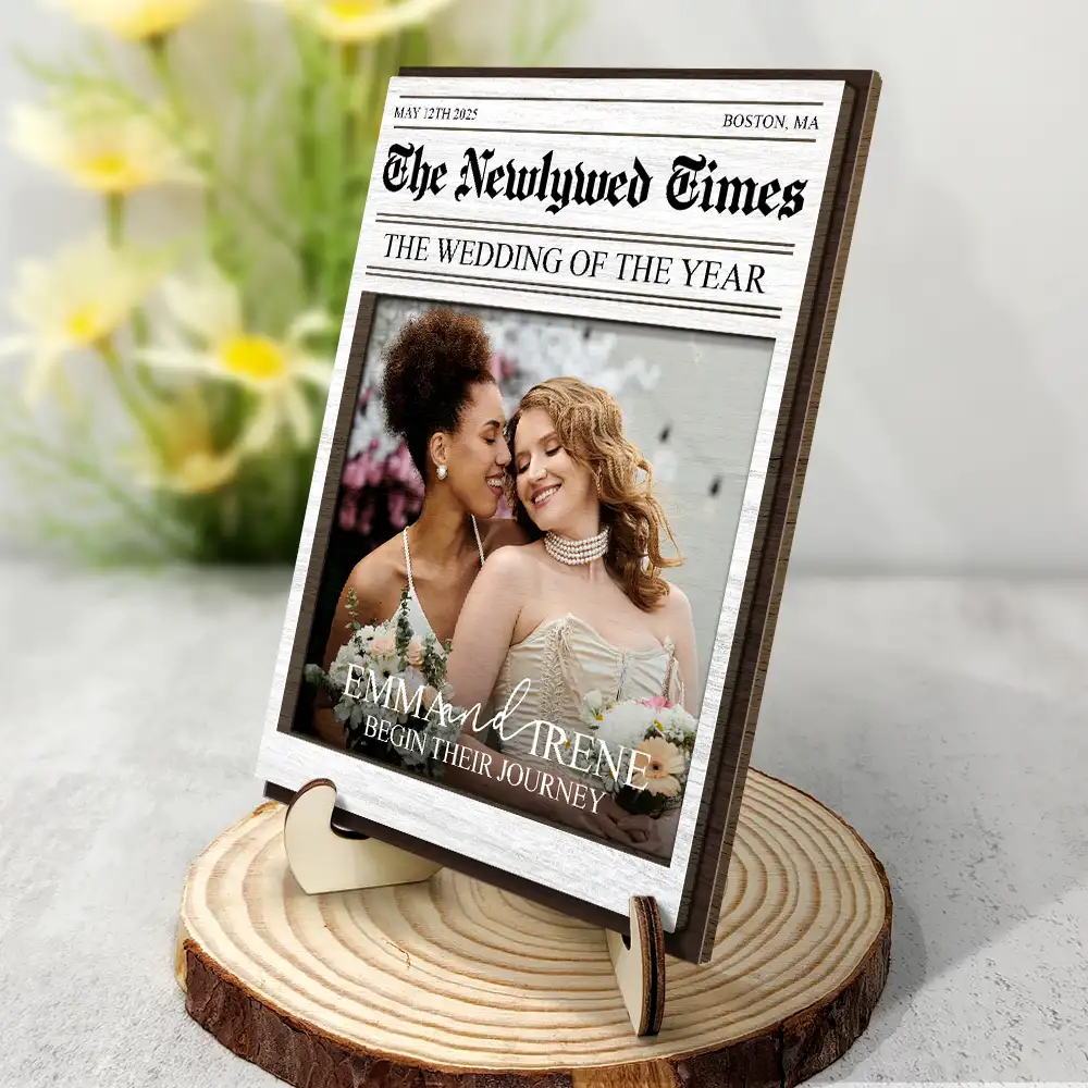 Custom Photo The Wedding Of The Year Newlywed Couples - Personalized 2-Layered Wooden Plaque With Stand - Image 2