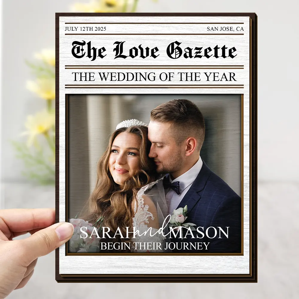 Custom Photo The Wedding Of The Year Newlywed Couples - Personalized 2-Layered Wooden Plaque With Stand - Image 3
