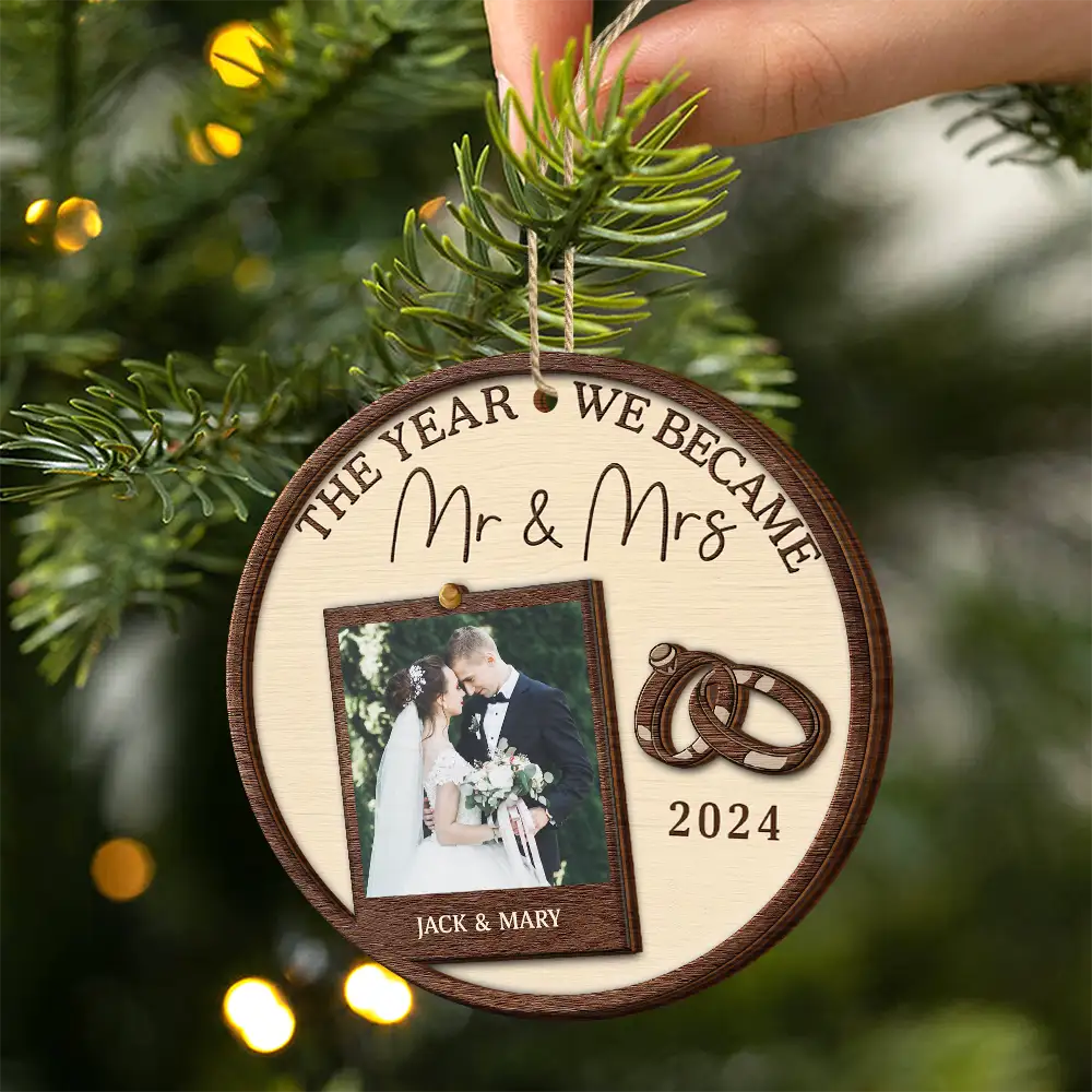 Custom Photo The Year We Became Mr & Mrs Couples - Personalized 2-Layered Wooden Ornament - Image 2