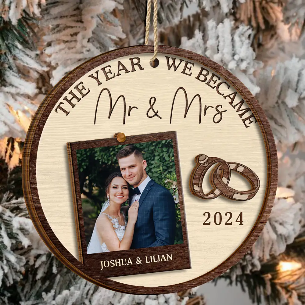Custom Photo The Year We Became Mr & Mrs Couples - Personalized 2-Layered Wooden Ornament - Image 3