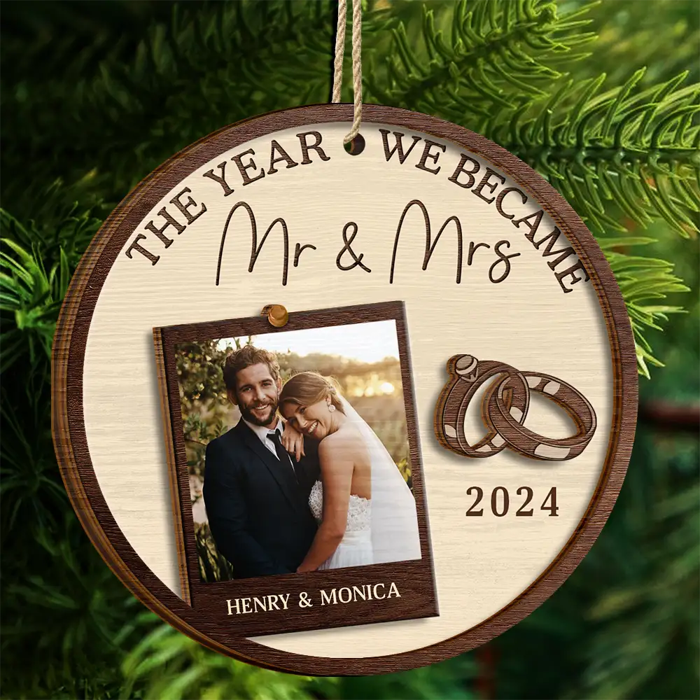 Custom Photo The Year We Became Mr & Mrs Couples - Personalized 2-Layered Wooden Ornament - Image 4