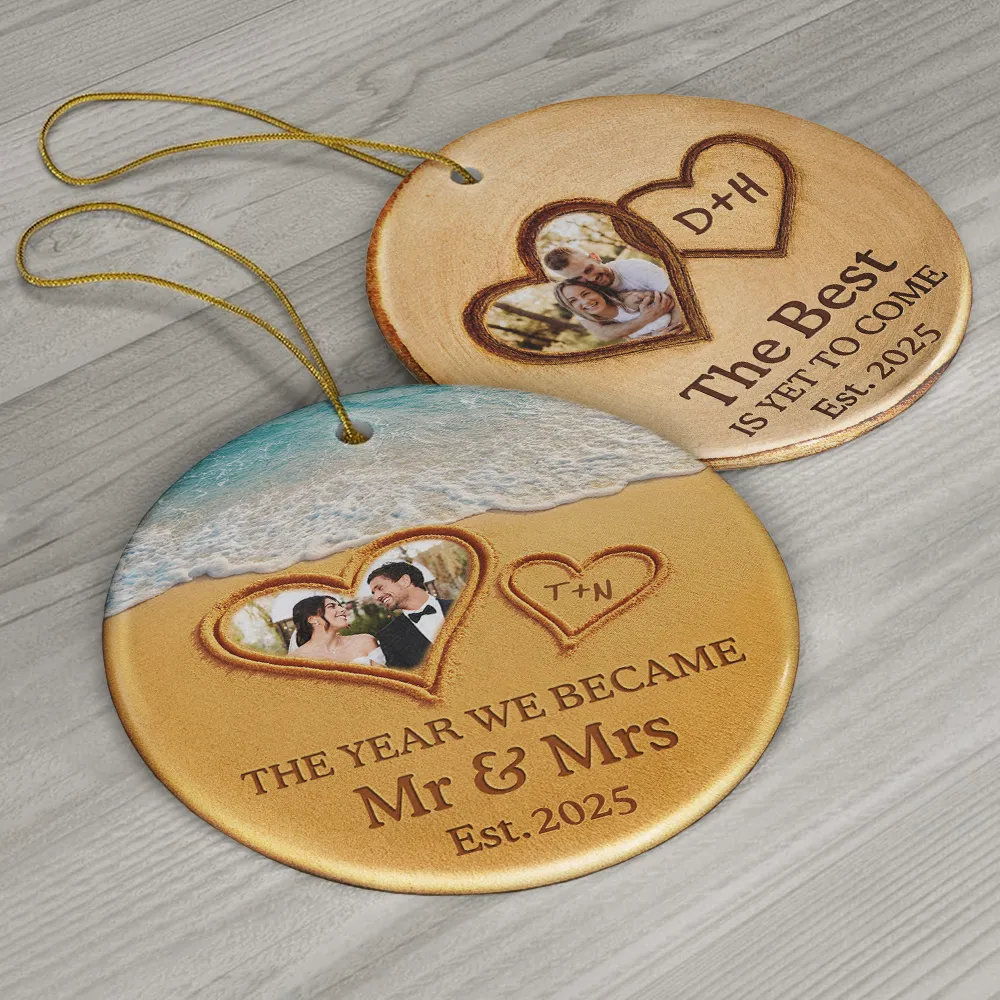 Custom Photo The Year We Became Mr & Mrs Initial Letter - Personalized Circle Ceramic Ornament - Image 6