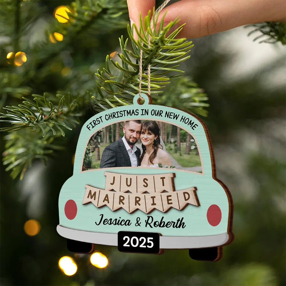 Custom Photo The Year We Became Mr & Mrs Wedding Car - Personalized 2-Layered Wooden Ornament - Image 2
