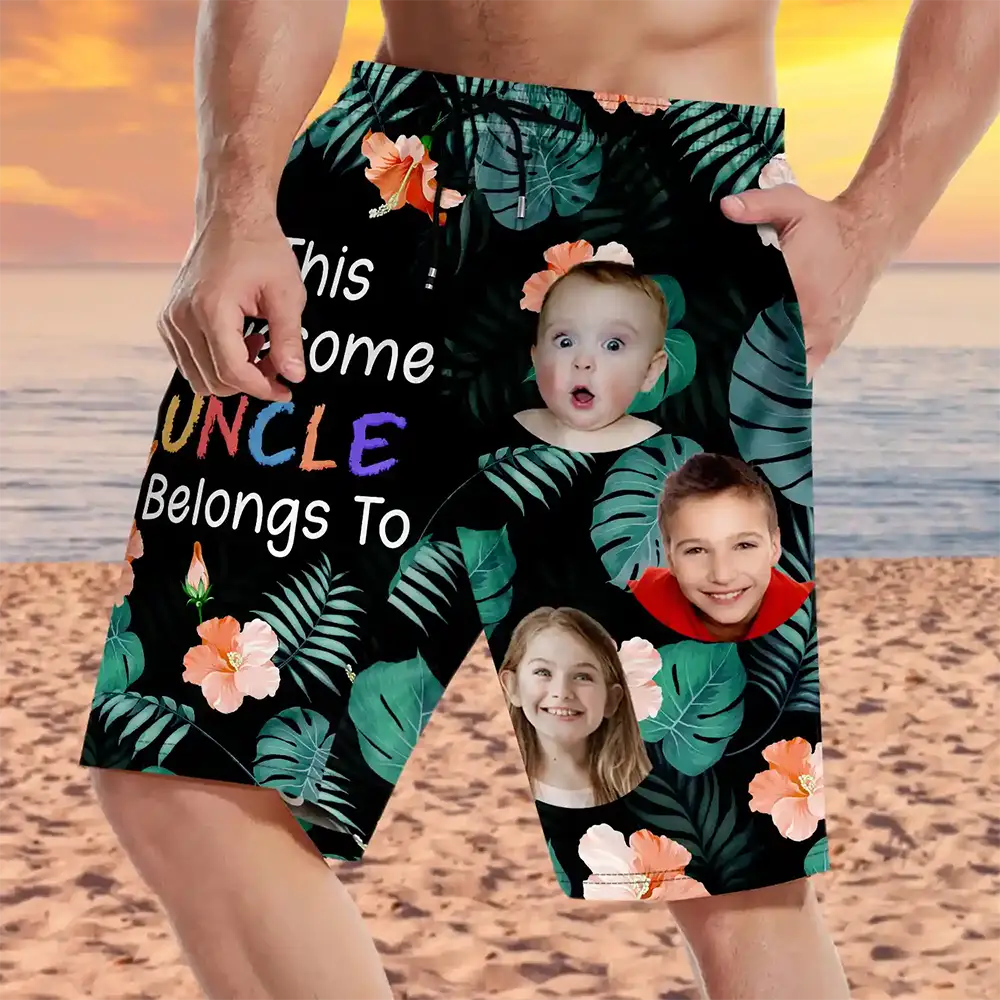 Custom Photo This Awesome Daddy Papa Belongs To - Personalized Unisex Beach Shorts - Image 4