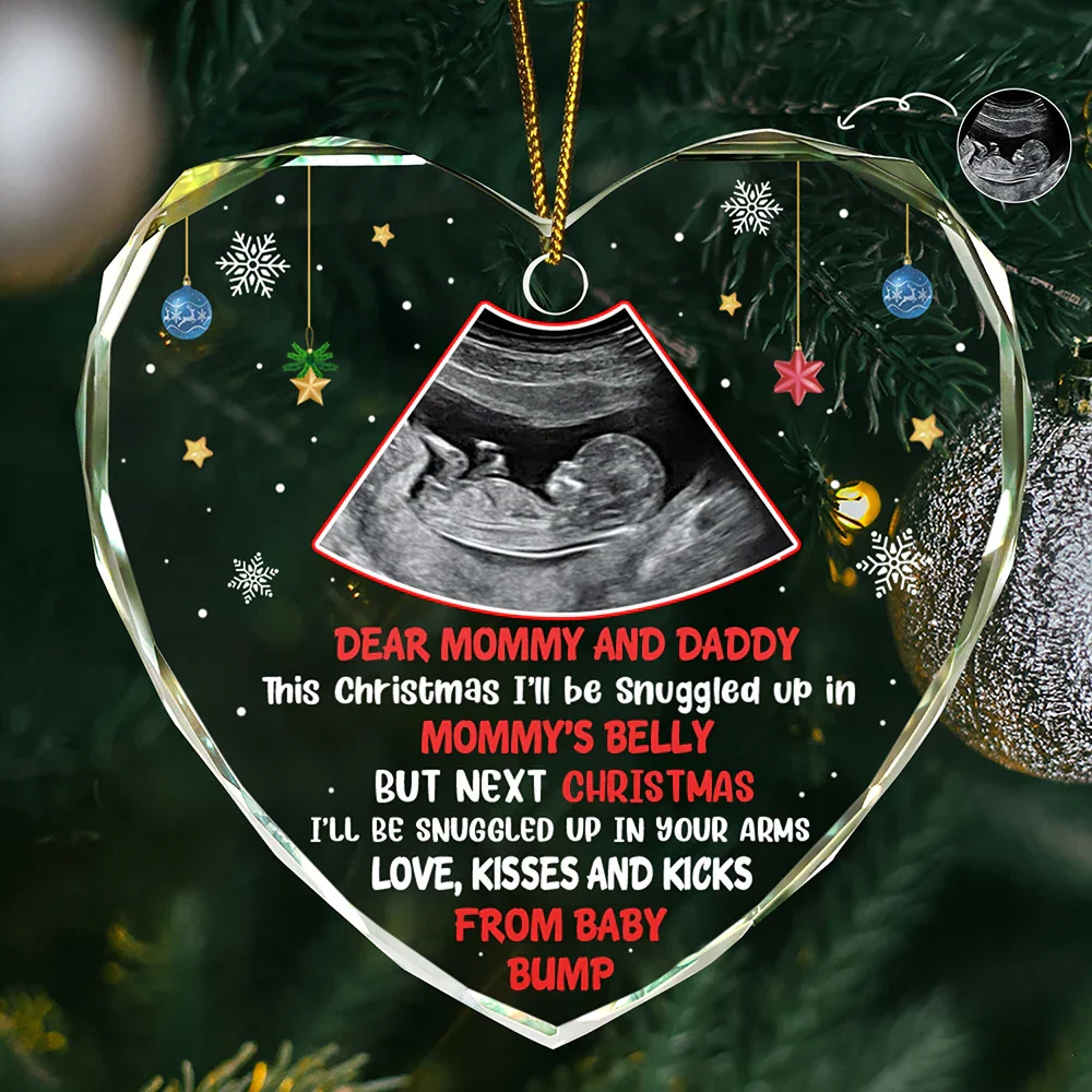 Custom Photo This Christmas I'll Be Snuggled Up Newborn Baby - Personalized Heart Shaped Glass Ornament