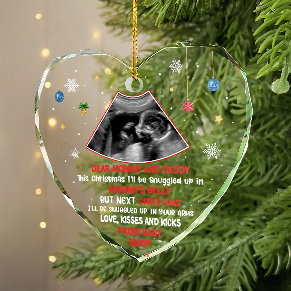 Custom Photo This Christmas I'll Be Snuggled Up Newborn Baby - Personalized Heart Shaped Glass Ornament - Image 2