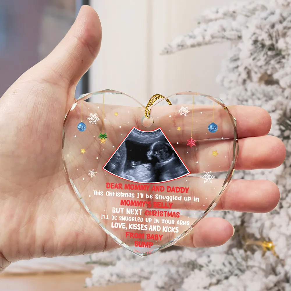 Custom Photo This Christmas I'll Be Snuggled Up Newborn Baby - Personalized Heart Shaped Glass Ornament - Image 3